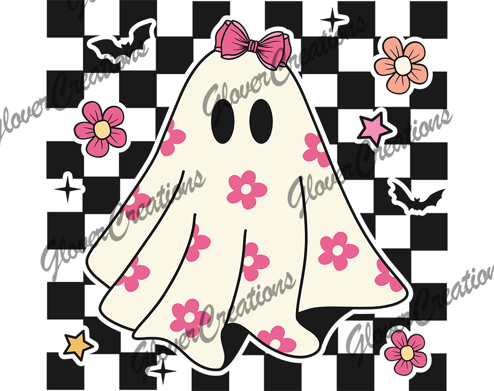 Checkered Floral Ghost Direct to Film Ready to Press Heat Transfers
