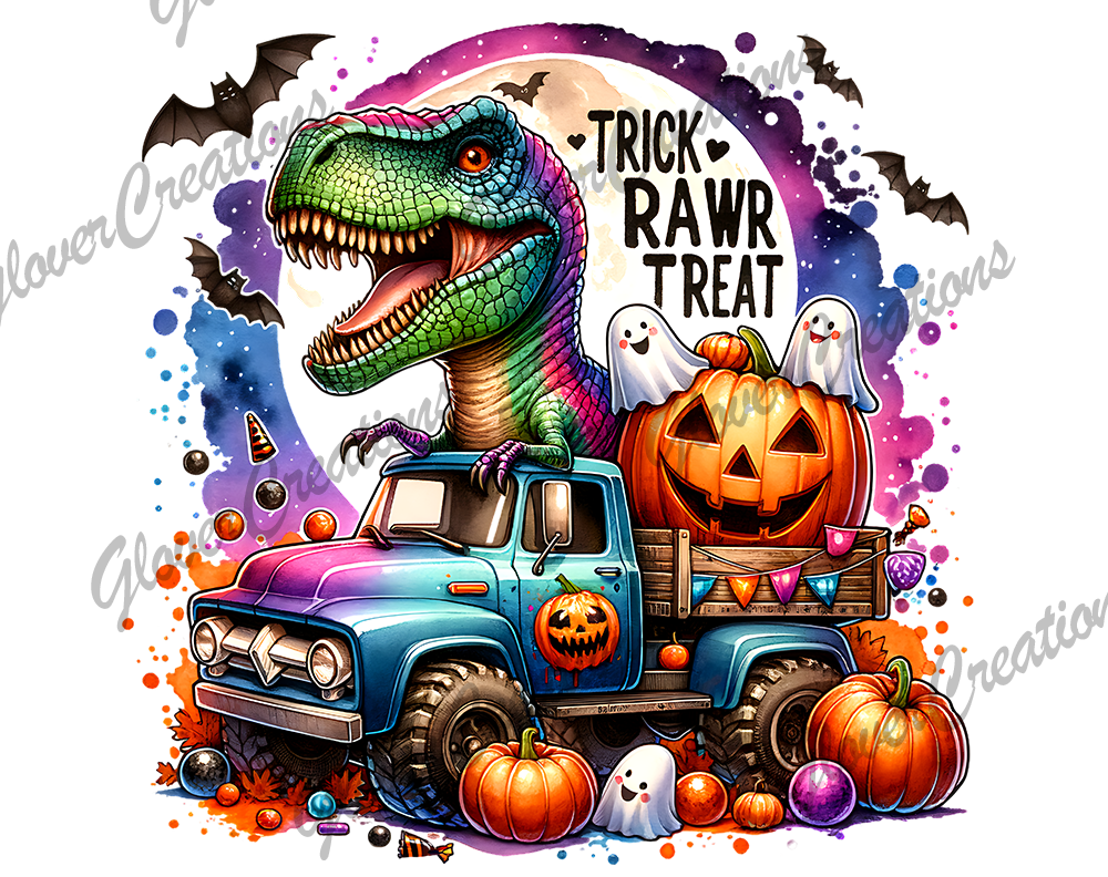 Child Size Dino Truck Trick or Treat Direct to Film Ready to Press Heat Transfers