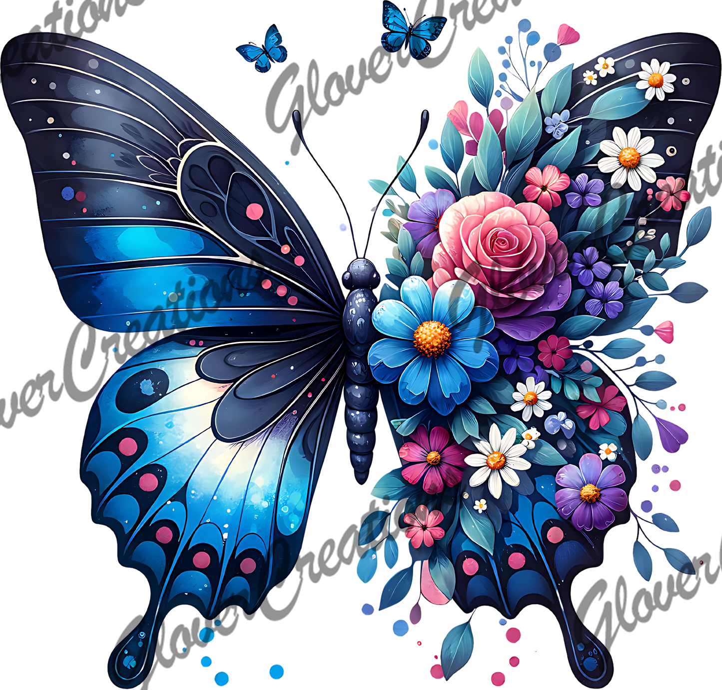 Floral Blue Butterfly Direct to Film Ready to Press Heat Transfers
