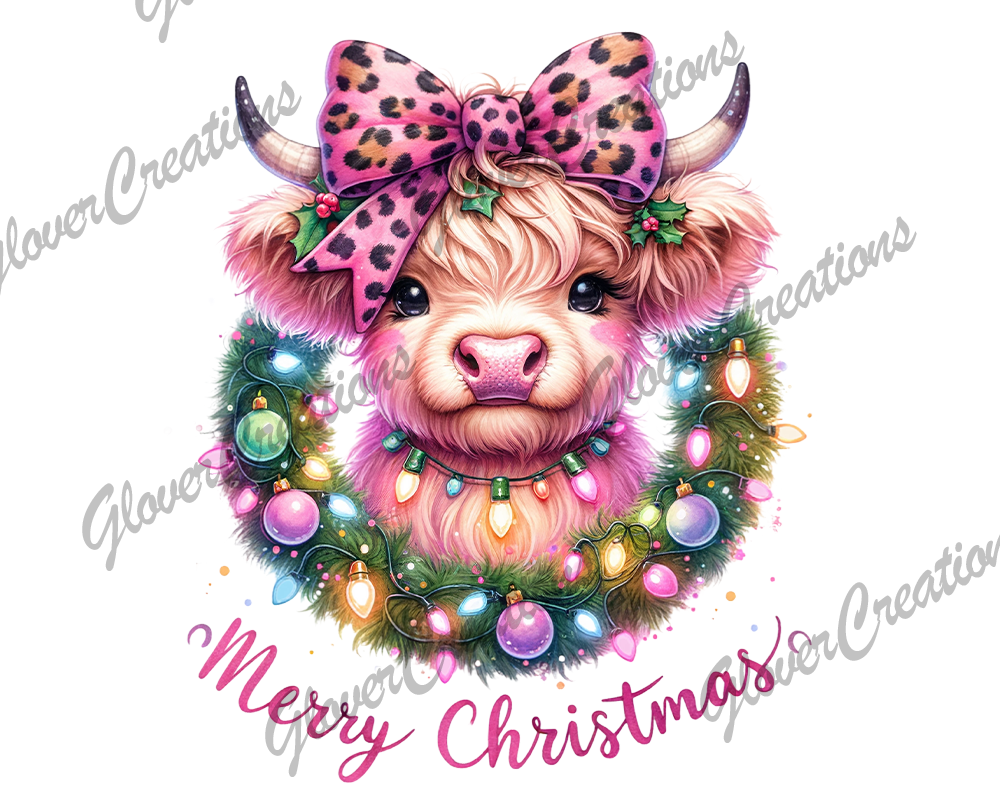 Pink Christmas Cow Direct to Film Ready to Press Heat Transfers