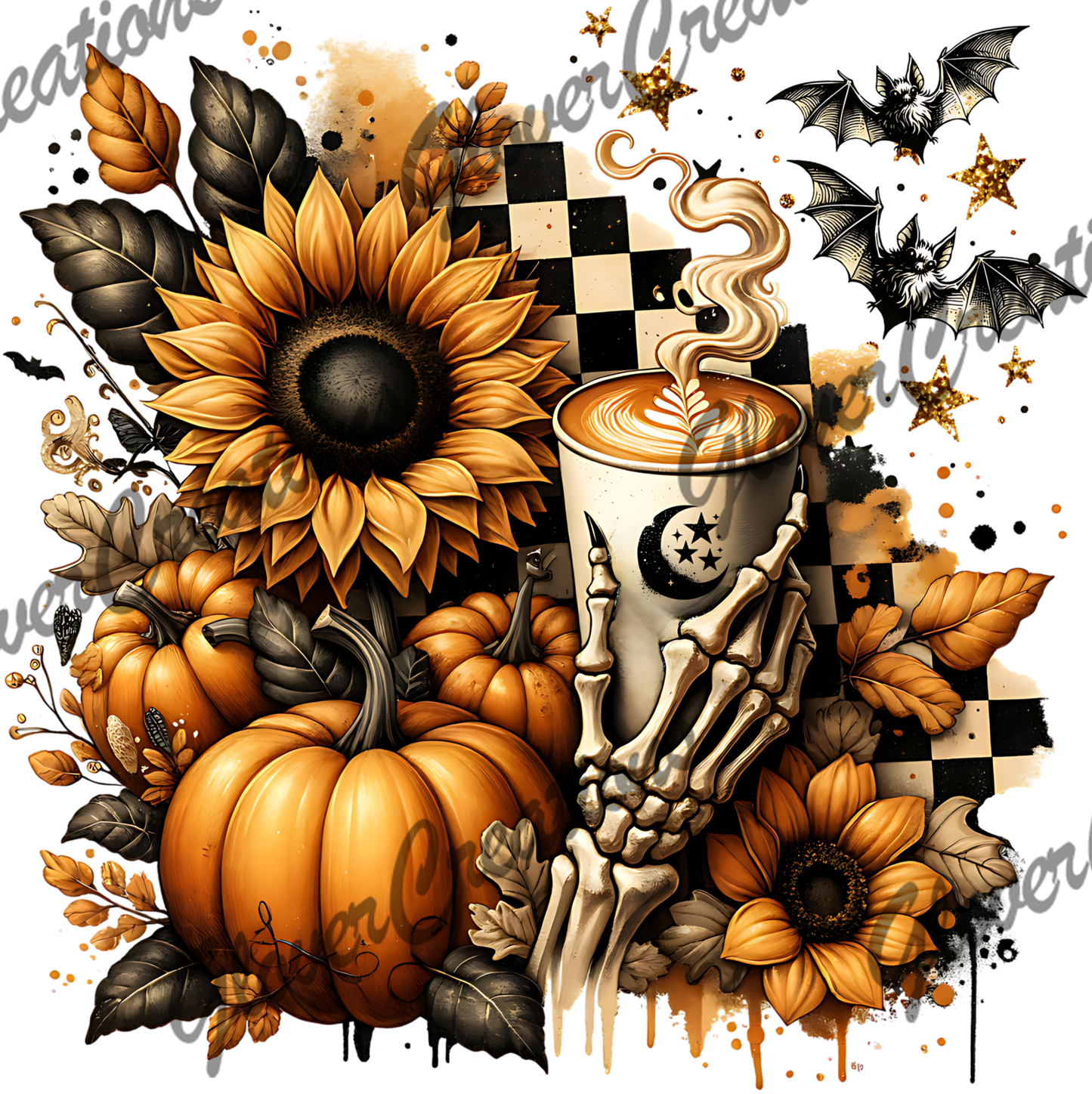 Sunflower Skeleton Coffee Direct to Film Ready to Press Heat Transfers