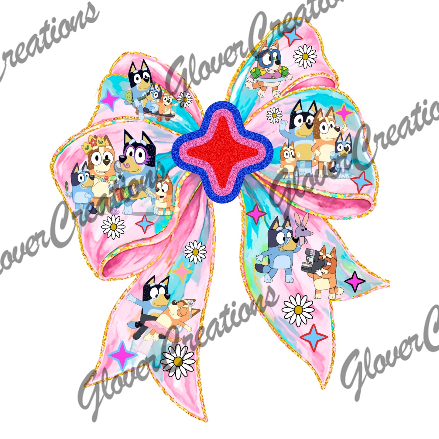 Blue dog family pink bow daisy design
