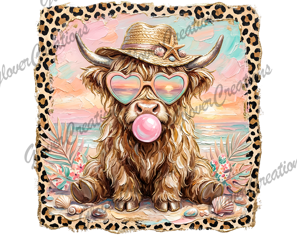 Brushstroke Beach Highland Cow Direct to Film Ready to Press Heat Transfer