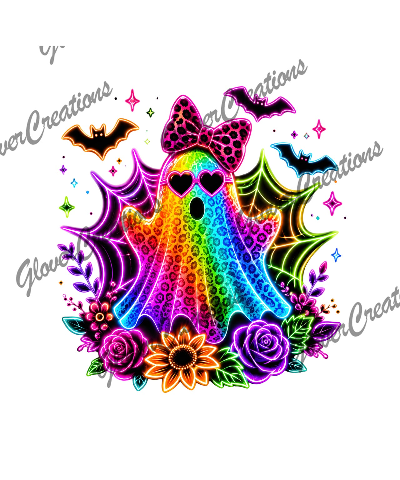 Neon rainbow leopard ghost flowers heat transfer design