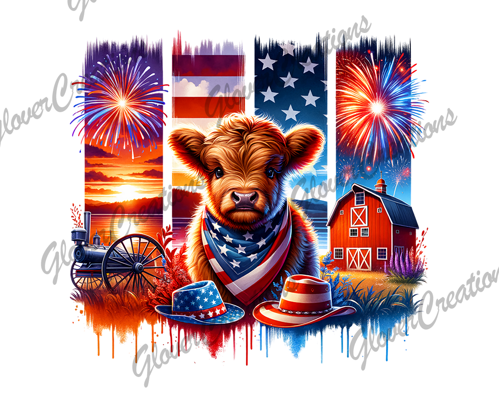 4th of July Farm Cow Direct to Film Ready to Press Heat Transfer