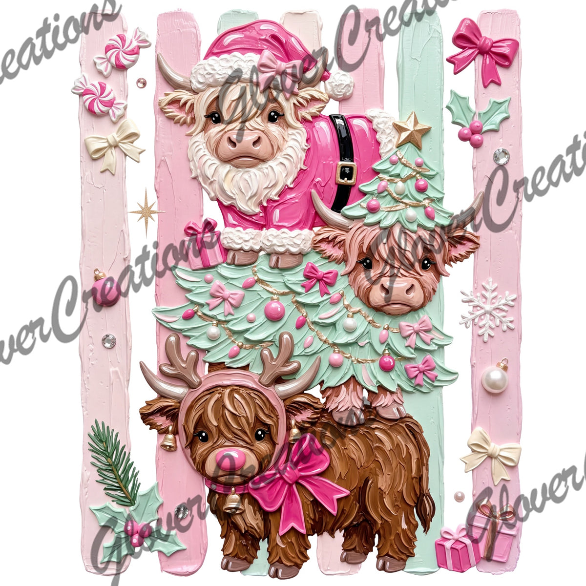 Pink Christmas Highland Cows Direct to Film Ready to Press Heat Transfers