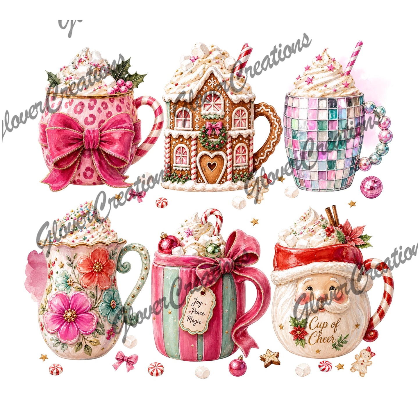 Pink holiday cocoa mug collection heat transfer design