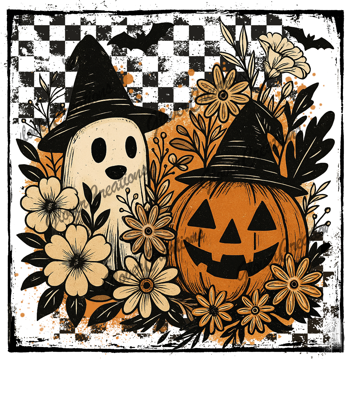 Checkered Pumpkin Ghost Direct to Film Ready to Press Heat Transfers
