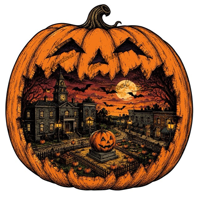 Halloween Pumpkin Town Direct to Film Ready to Press Heat Transfers