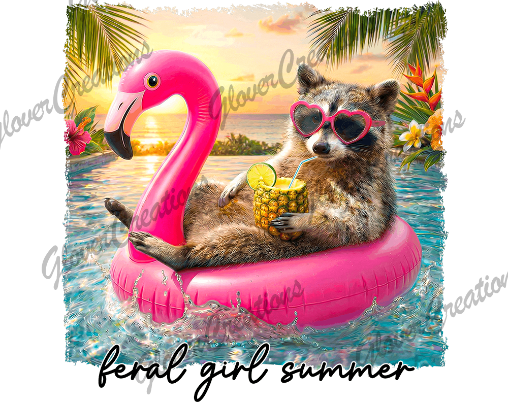 raccoon feral girl summer Direct to Film Ready to Press Heat Transfer