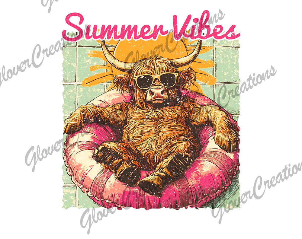 Summer Vibes Highland Cow Chillin' Direct to Film Ready to Press Heat Transfer