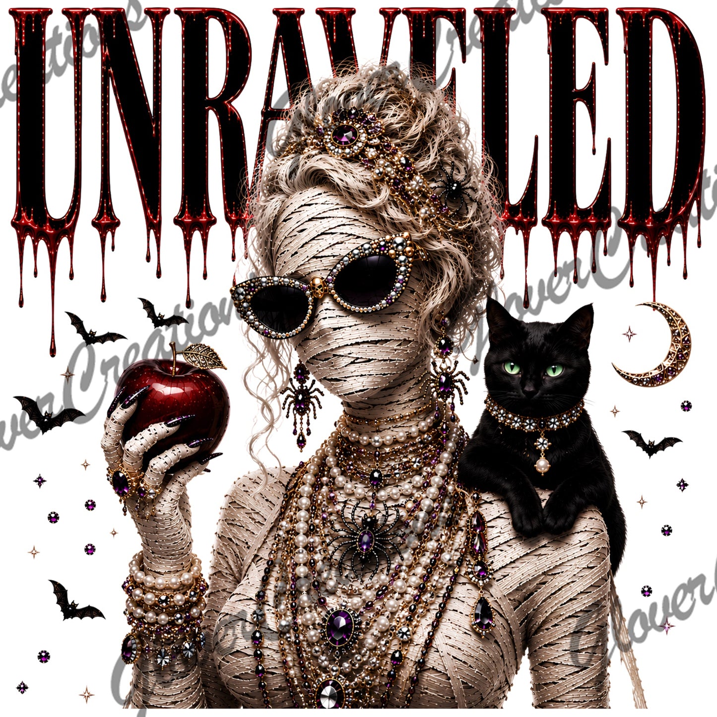 Unraveled glamorous mummy black cat jeweled Halloween design