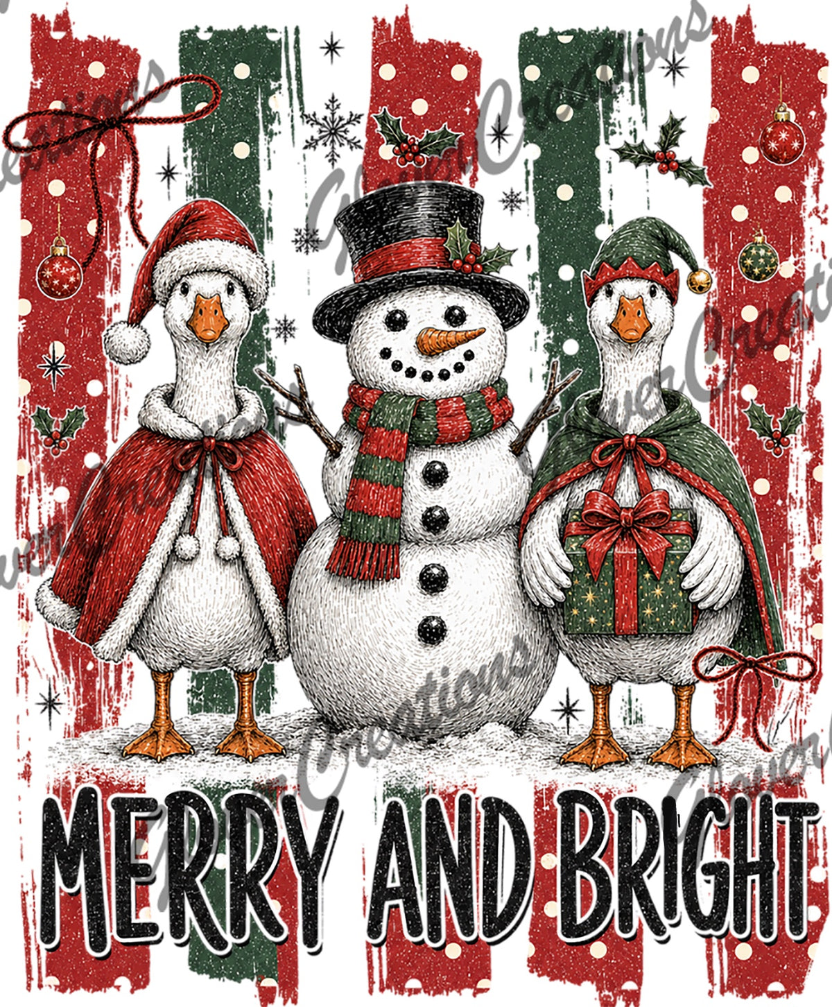 Merry and Bright Christmas Geese & Snowman Direct to Film Ready to Press Heat Transfers