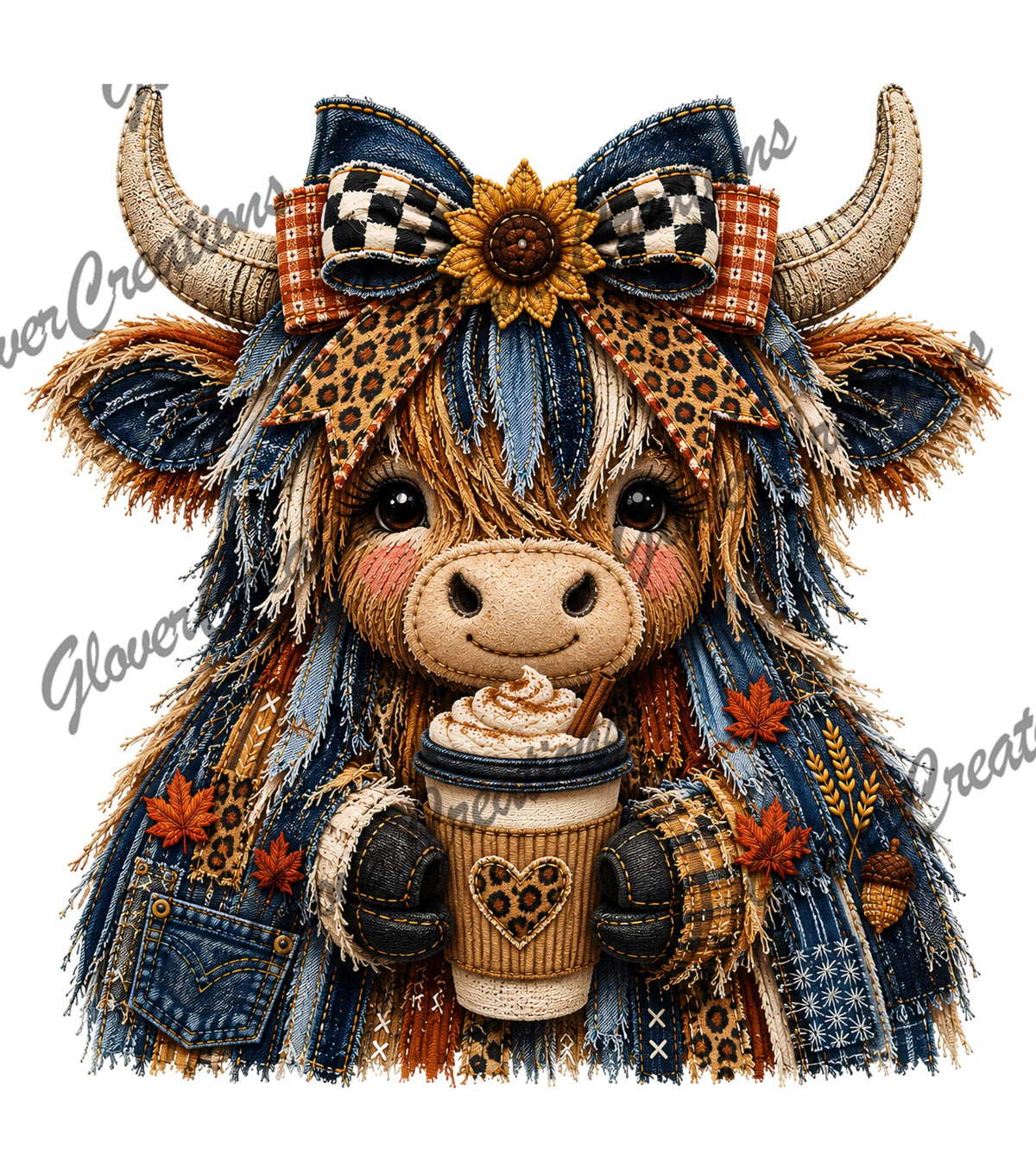 Fall Patchwork Highland Cow with Coffee & Sunflower Bow Direct to Film Ready to Press Heat Transfers