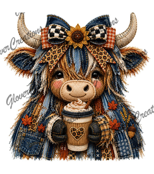 Fall Patchwork Highland Cow with Coffee & Sunflower Bow Direct to Film Ready to Press Heat Transfers