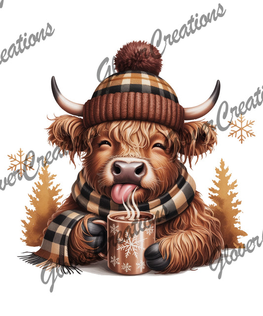 Cozy Winter Highland Cow with Plaid Hat & Coffee Direct to Film Ready to Press Heat Transfers