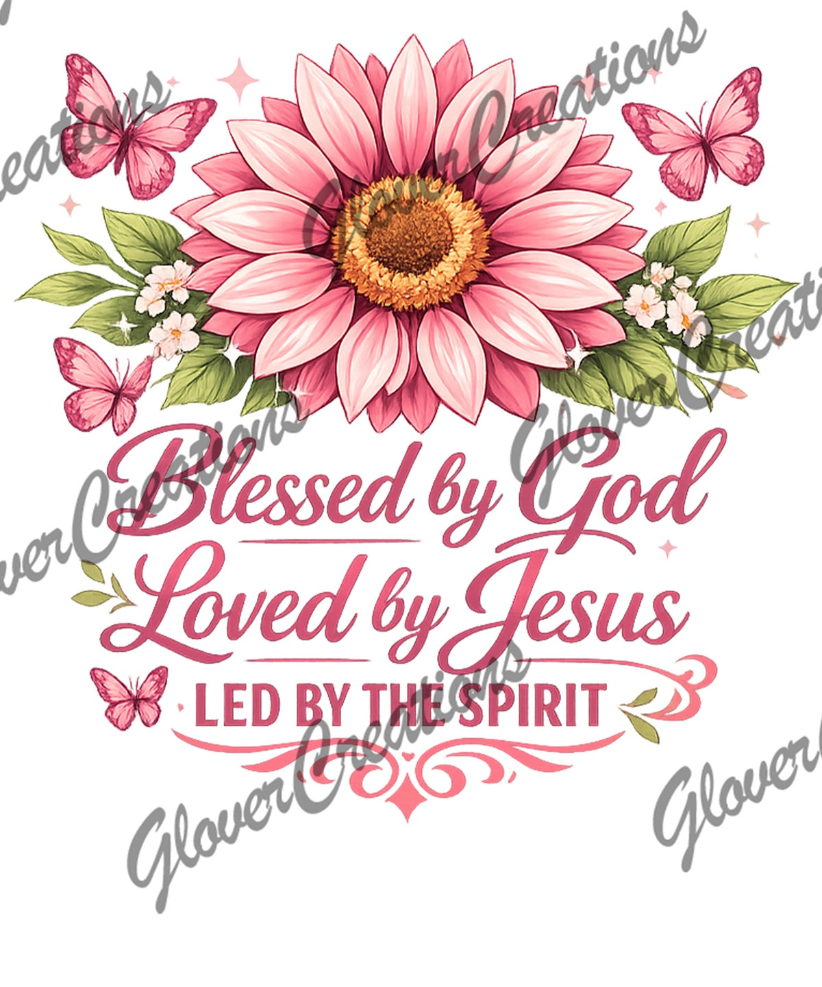 Blessed by God Loved by Jesus Pink Sunflower & Butterflies Direct to Film Ready to Press Heat Transfers