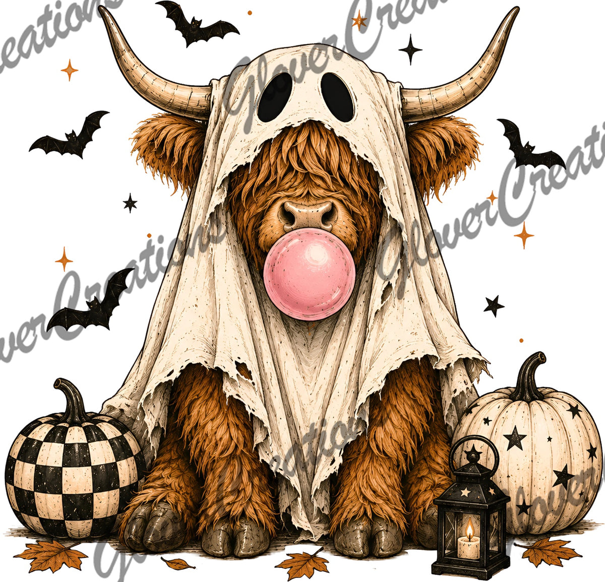 Ghost Highland Cow Bubblegum Direct To Film Ready To Press Heat Transfers