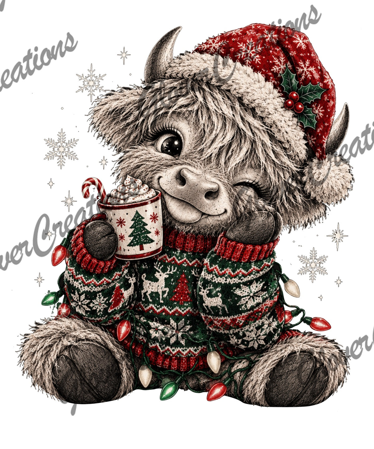 Christmas Highland Cow with Santa Hat, Sweater & Hot Cocoa Direct to Film Ready to Press Heat Transfers