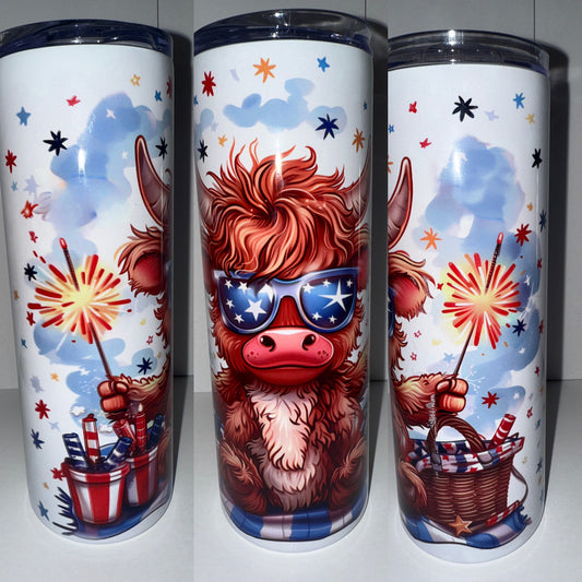 Forth of July Highland Cow 20oz Stainless Steel Tumbler