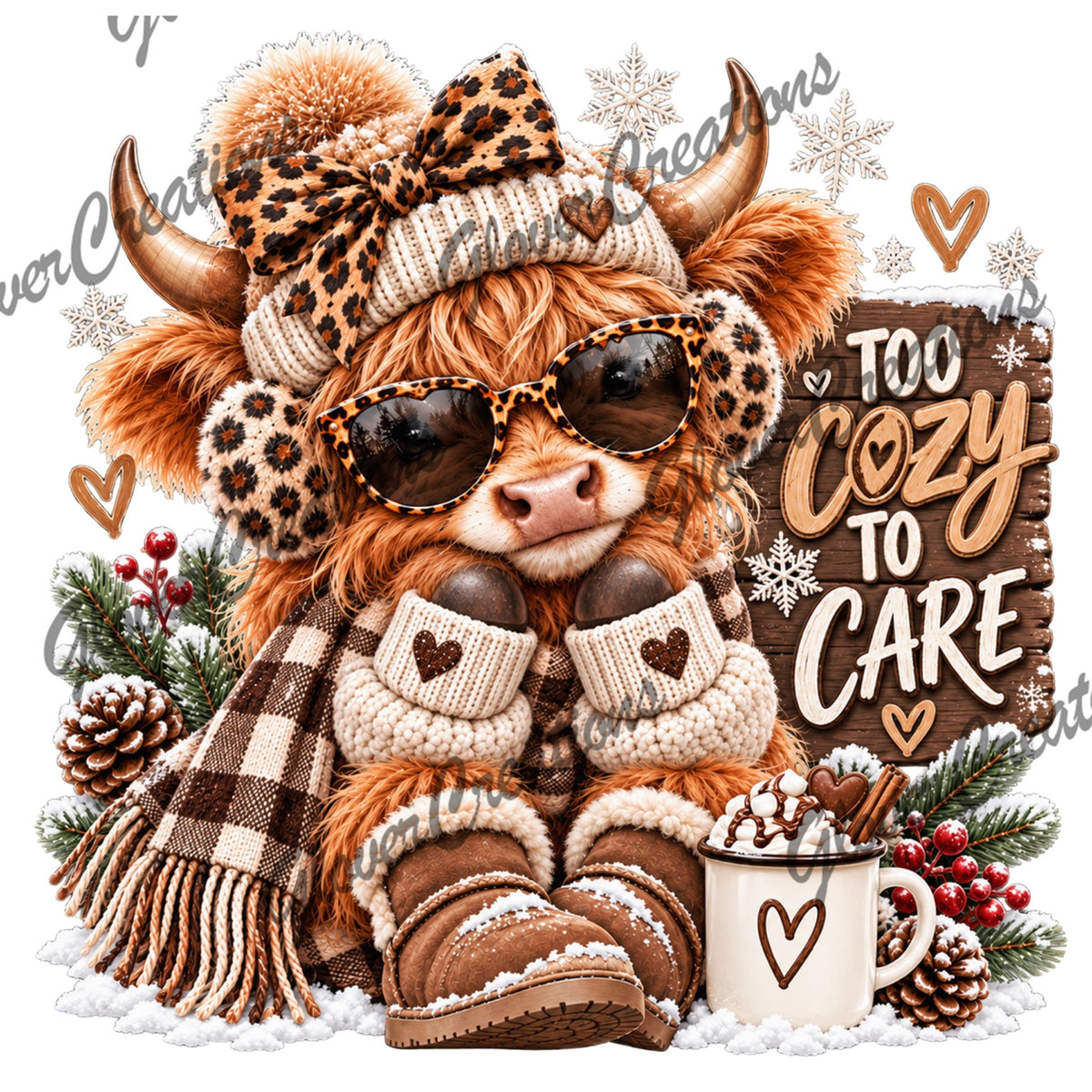 Too Cozy to Care Winter Highland Cow Direct to Film Ready to Press Heat Transfers