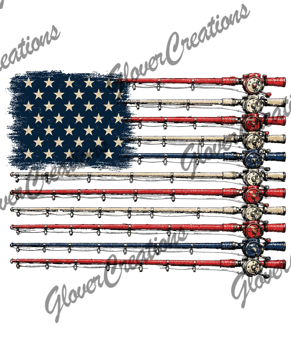 Patriotic Fishing Rod American Flag Direct To Film Ready To Press Heat Transfers
