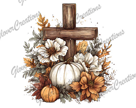 Autumn Fall Jesus Cross Pumpkin Direct to Film Ready to Press Heat Transfers