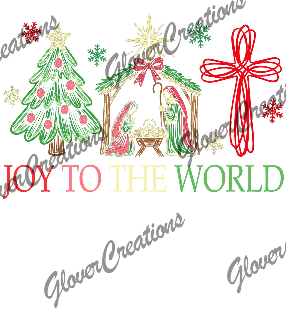 Joy to the World Nativity Christmas Tree & Cross Direct to Film Ready to Press Heat Transfers