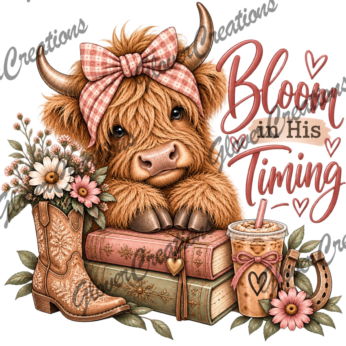 Bloom in His Timing Highland Cow with Pink Bow Direct to Film Ready to Press Heat Transfers