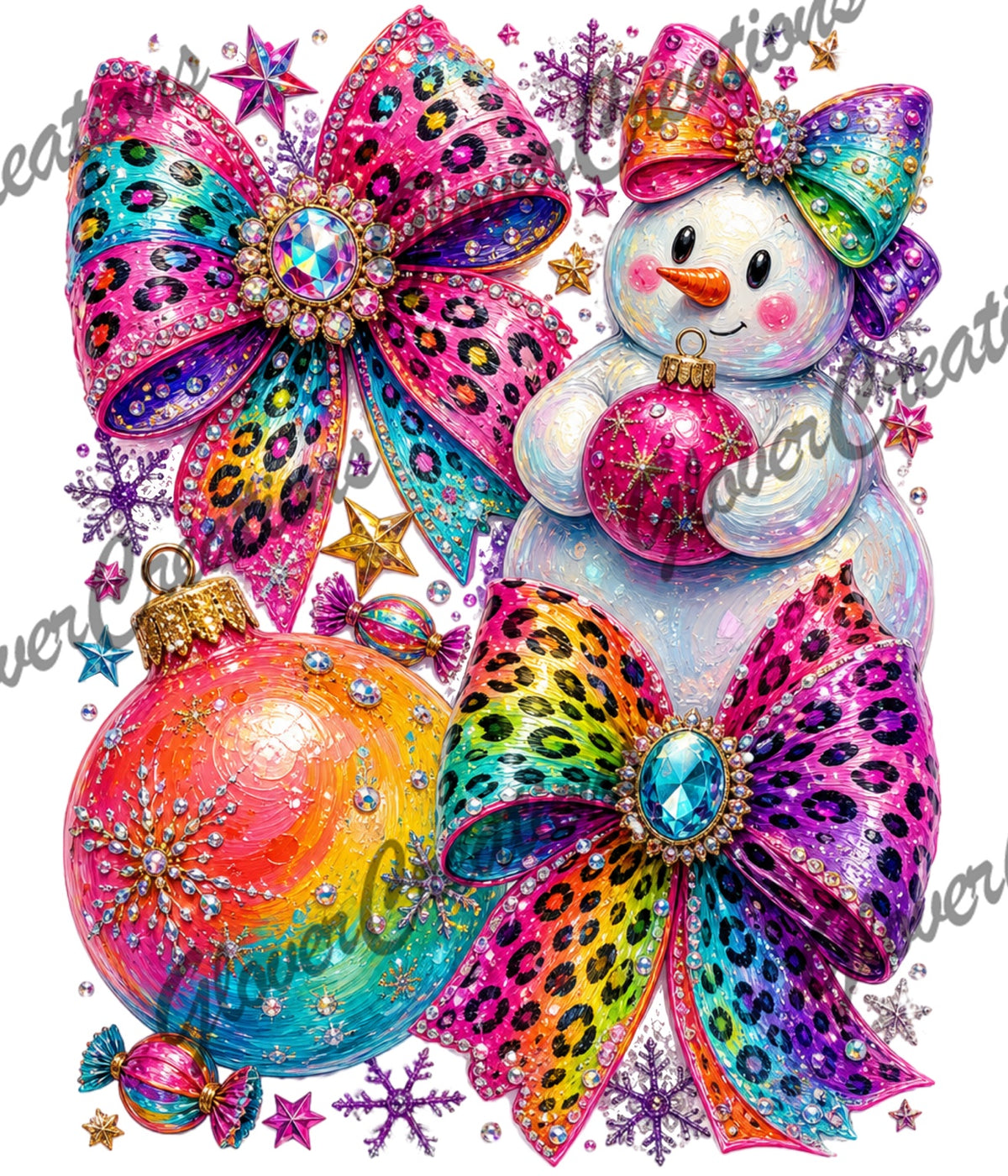 Rainbow Leopard Bows, Snowman & Christmas Ornaments Direct to Film Ready to Press Heat Transfers