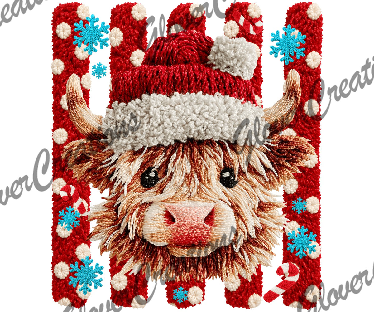 Faux Yarn Santa Highland Cow with Snowflakes & Candy Canes Direct to Film Ready to Press Heat Transfers