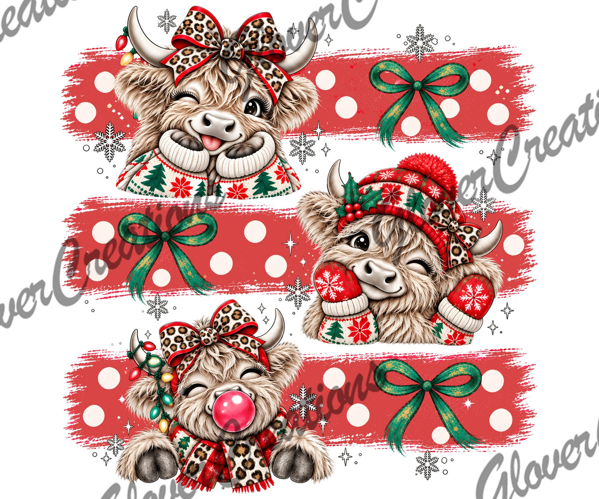 Christmas Highland Cow Trio with Leopard Bows Direct to Film Ready to Press Heat Transfers
