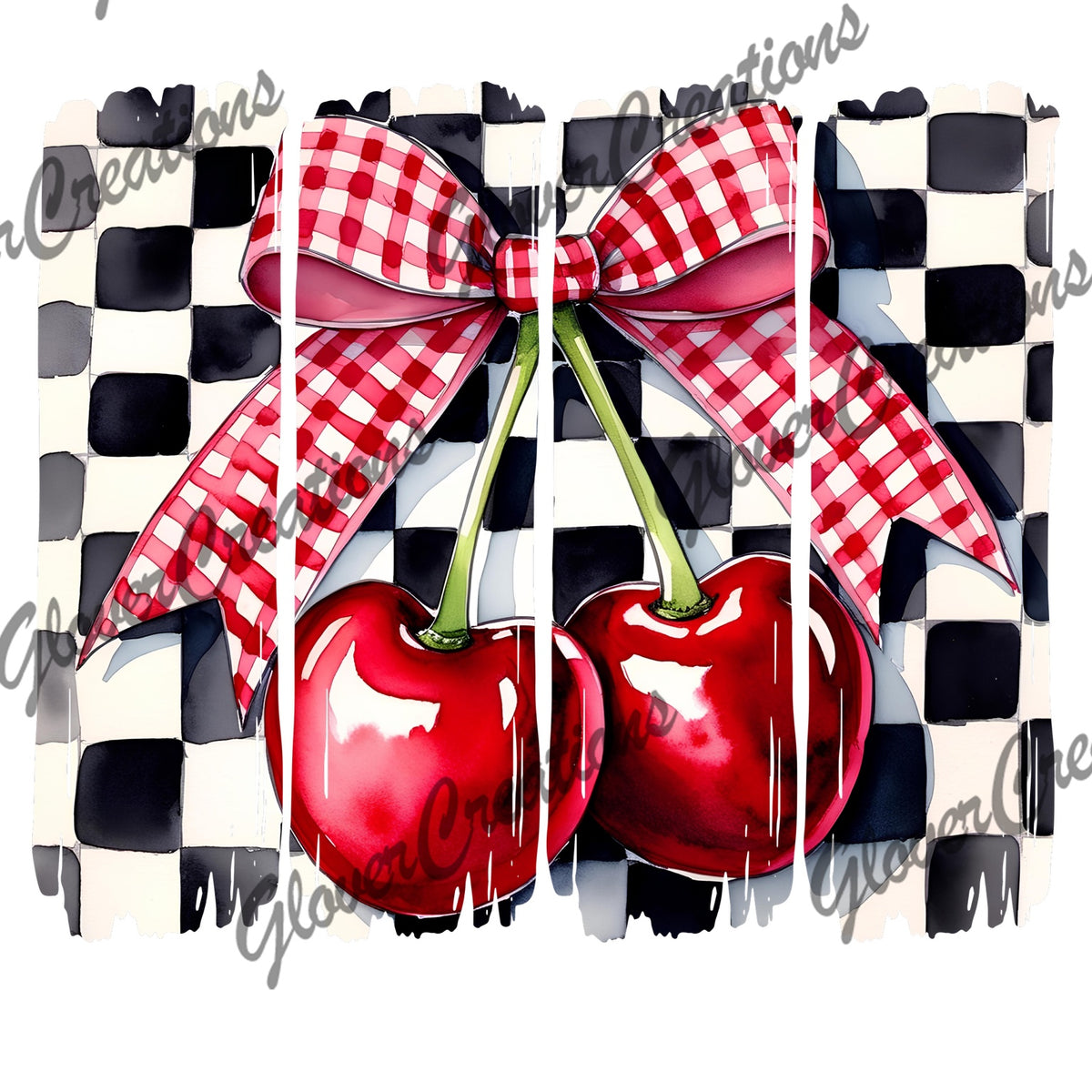 Red Cherries & Gingham Bow on Checkerboard Direct to Film Ready to Press Heat Transfers