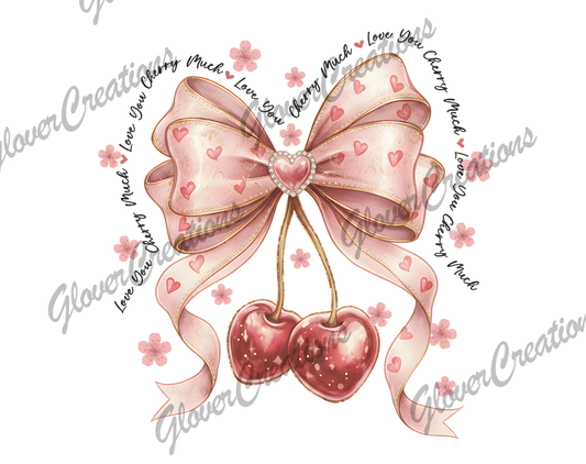 Cherries V-Day Bow Direct to Film Ready to Press Heat Transfers