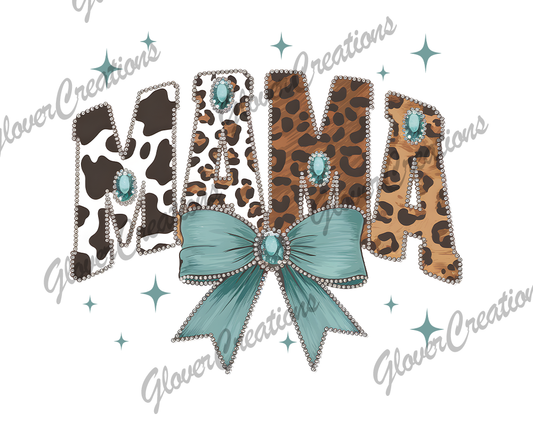 Teal Cow Mama Bow Direct to Film Ready to Press Heat Transfers