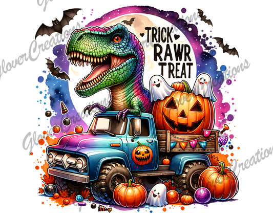 Child Size Dino Truck Trick or Treat Direct to Film Ready to Press Heat Transfers