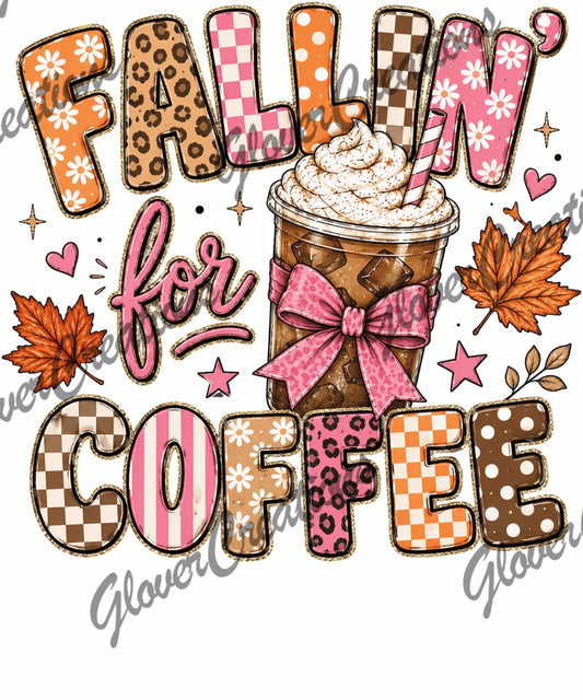 Fallin’ for Coffee Pink Bow & Autumn Leaves Direct to Film Ready to Press Heat Transfers