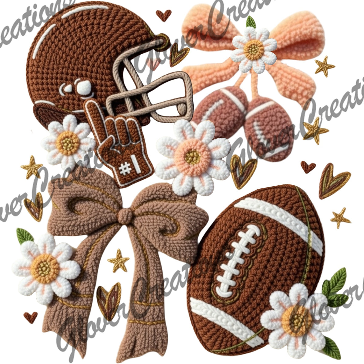 Faux Yarn Football Helmet, Bows & Daisies Direct to Film Ready to Press Heat Transfers