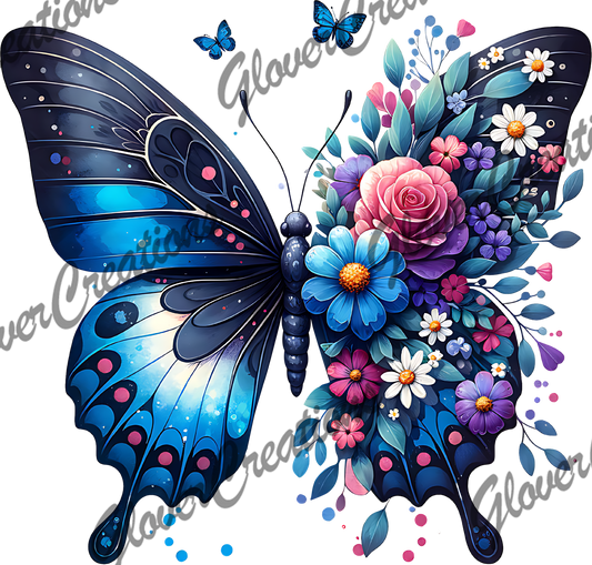 Floral Blue Butterfly Direct to Film Ready to Press Heat Transfers