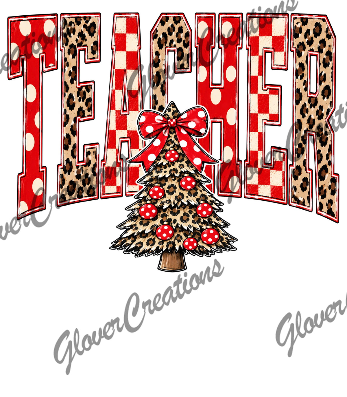 Teacher Leopard Christmas Tree & Red Bow Direct to Film Ready to Press Heat Transfers