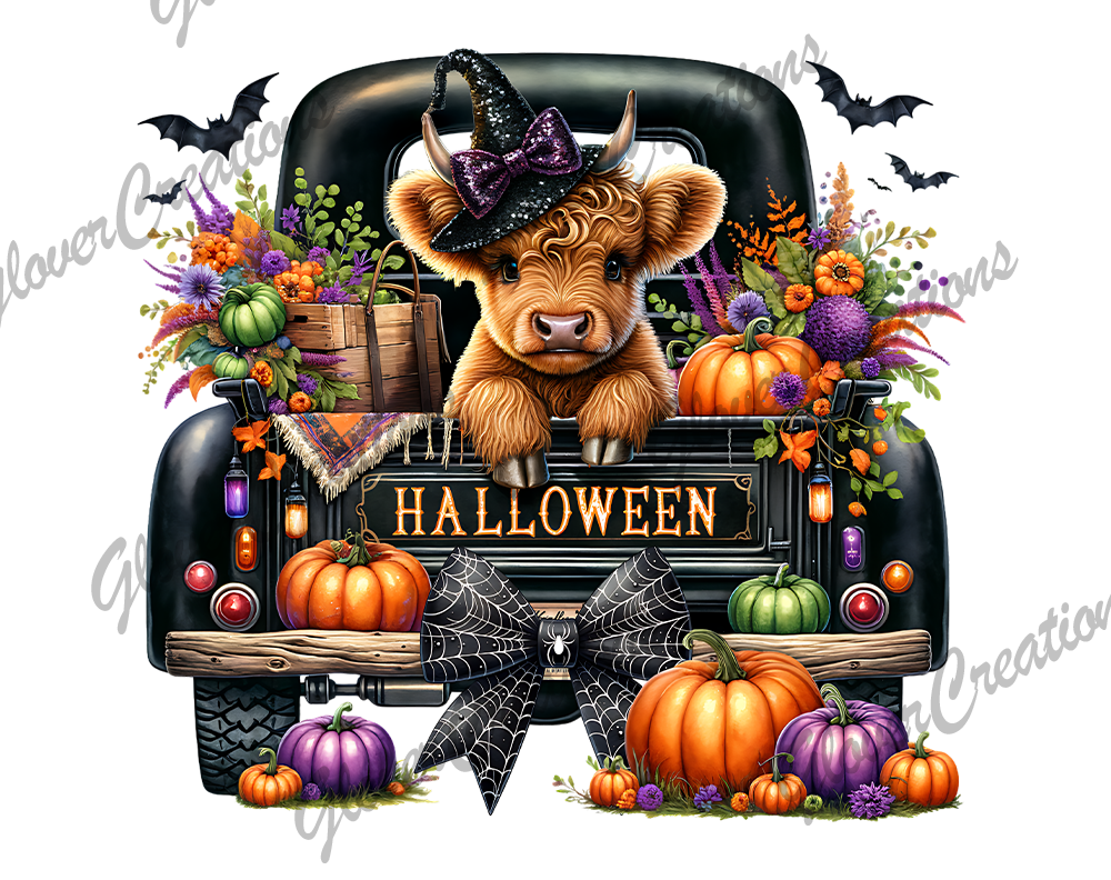 Black Truck Halloween Cow Direct to Film Ready to Press Heat Transfers