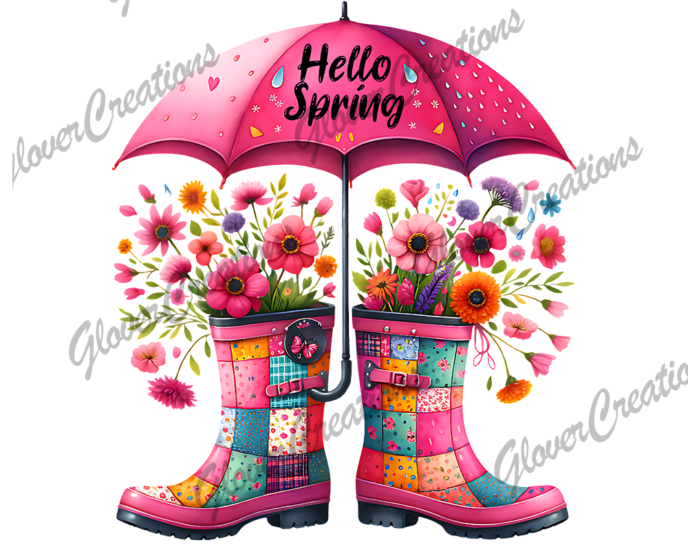 Spring Rain Boots Umbrella Flowers Direct to Film Ready to Press Heat Transfers