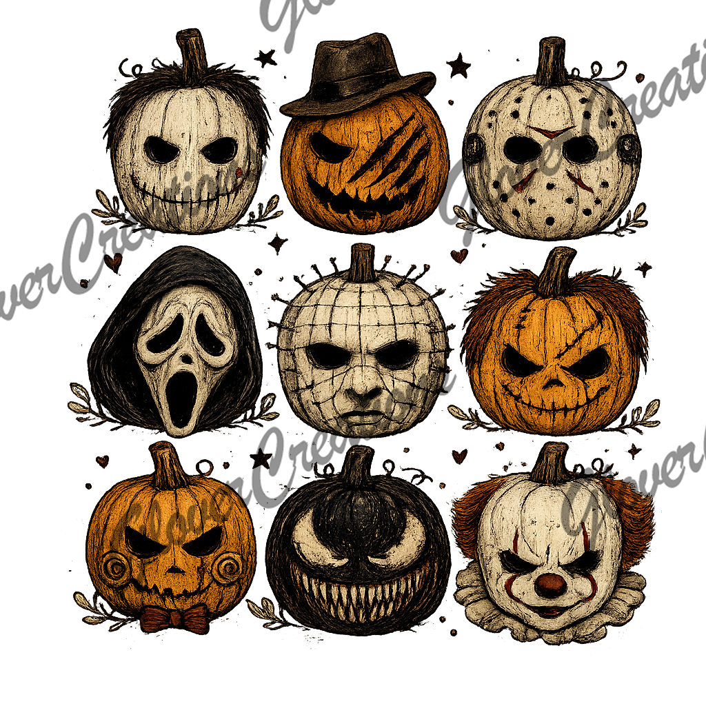 Horror Pumpkin Heads Direct to Film Ready to Press Heat Transfers
