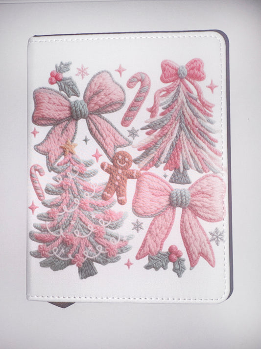 Faux Yarn Pink Christmas tree and Bows A6 Holiday Notebook