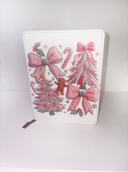 Faux Yarn Pink Christmas tree and Bows A6 Holiday Notebook
