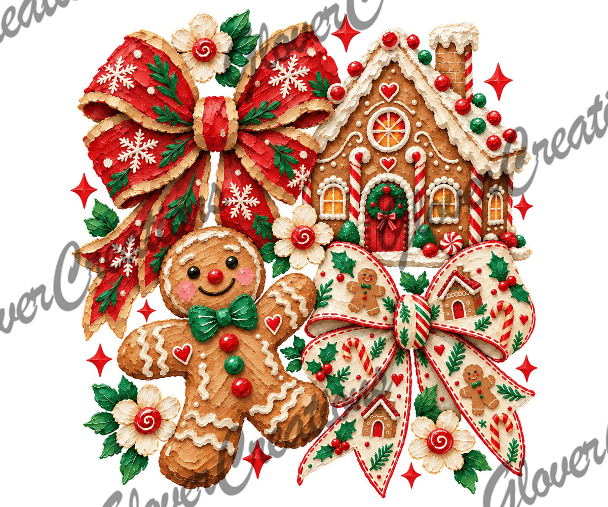 Gingerbread Christmas with House & Holiday Bows Direct to Film Ready to Press Heat Transfers