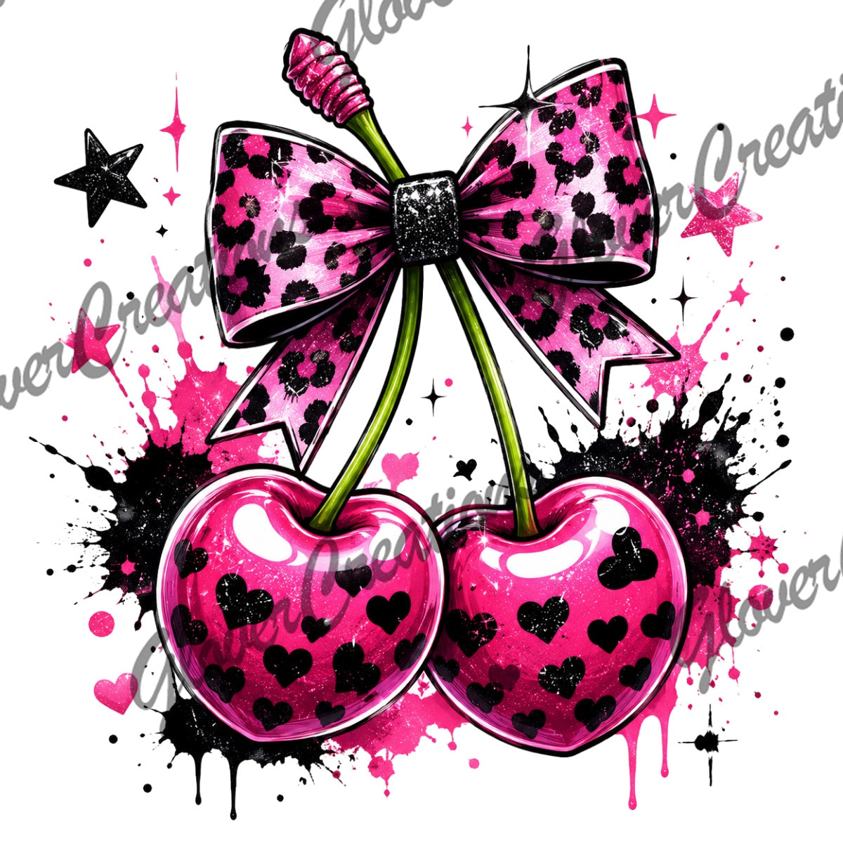 Pink Heart Cherries with Leopard Bow Direct to Film Ready to Press Heat Transfers