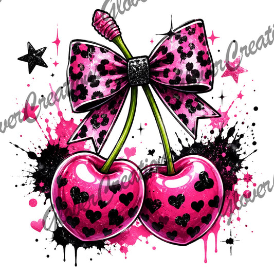 Pink Heart Cherries with Leopard Bow Direct to Film Ready to Press Heat Transfers