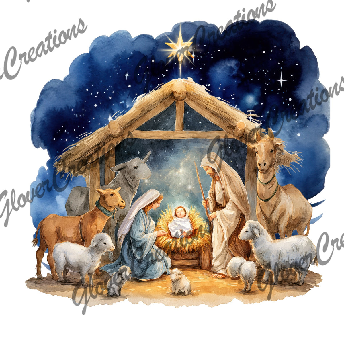 Watercolor Nativity Under Starry Night Direct to Film Ready to Press Heat Transfers