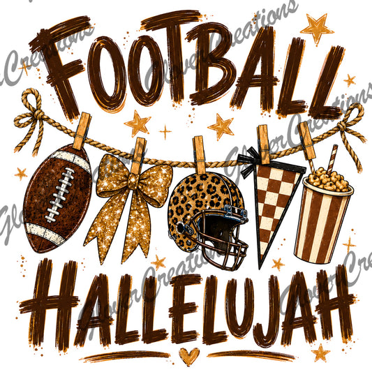 Football Hallelujah with Leopard Helmet & Gold Bow Direct to Film Ready to Press Heat Transfers